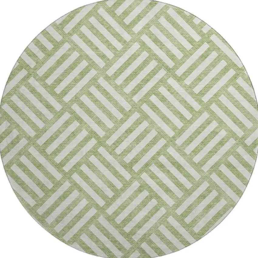 8' Artichoke Green And Ivory Geometric Washable Round Rug With UV Protection Photo 3