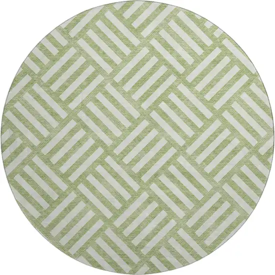 8' Artichoke Green And Ivory Geometric Washable Round Rug With UV Protection Photo 1