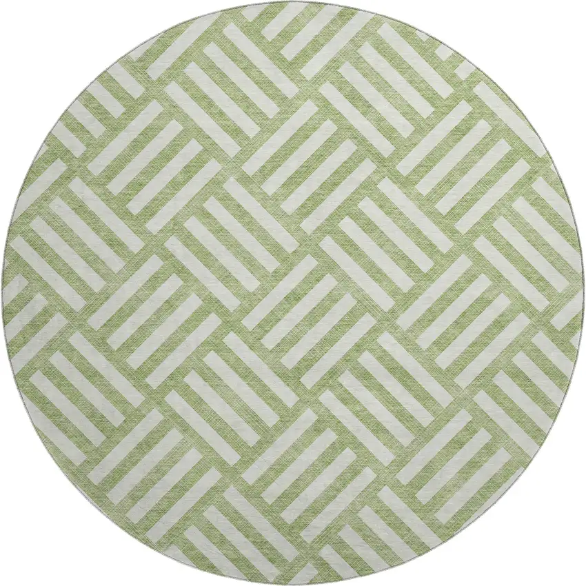 8' Artichoke Green And Ivory Geometric Washable Round Rug With UV Protection Photo 1