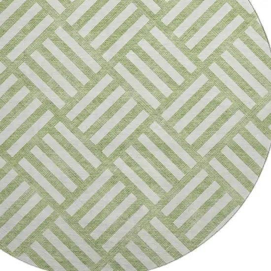 8' Artichoke Green And Ivory Geometric Washable Round Rug With UV Protection Photo 2