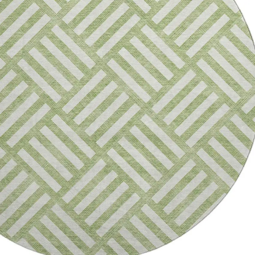 8' Artichoke Green And Ivory Geometric Washable Round Rug With UV Protection Photo 2