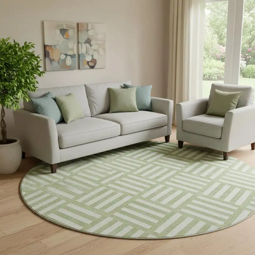 8' Artichoke Green And Ivory Geometric Washable Round Rug With UV Protection Photo 1