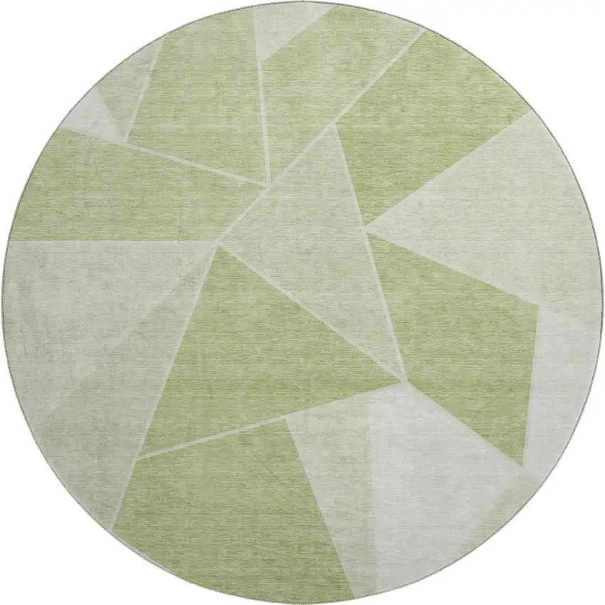 8' Artichoke Green And Ivory Geometric Washable Round Rug With UV Protection Photo 1