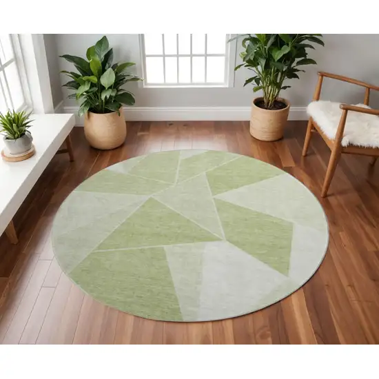 8' Artichoke Green And Ivory Geometric Washable Round Rug With UV Protection Photo 2