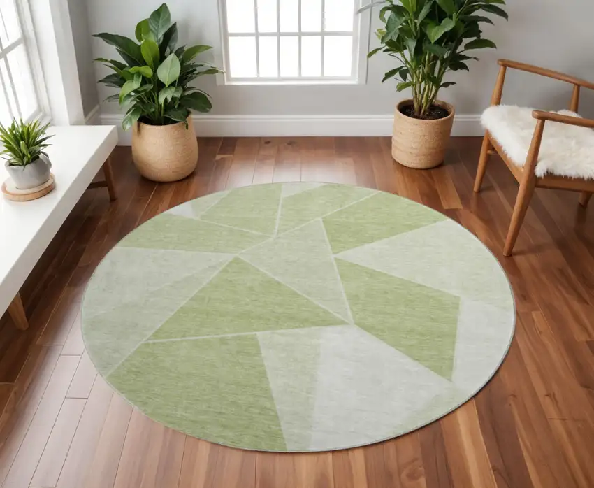8' Artichoke Green And Ivory Geometric Washable Round Rug With UV Protection Photo 2