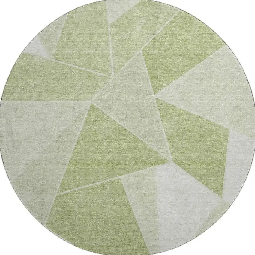 8' Artichoke Green And Ivory Geometric Washable Round Rug With UV Protection Photo 3