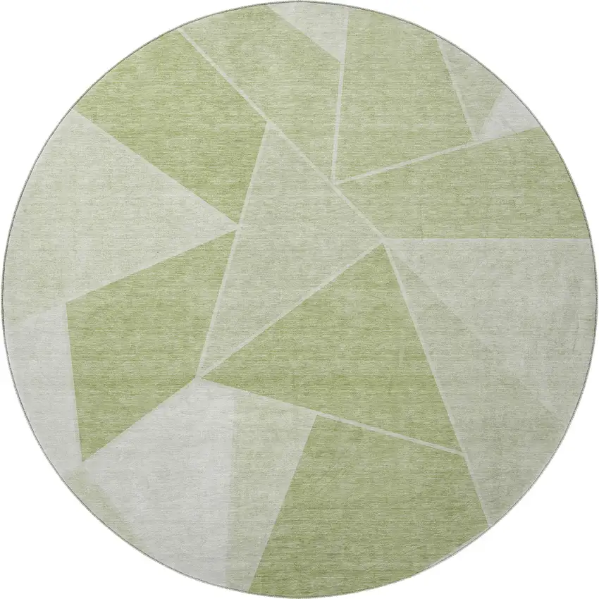8' Artichoke Green And Ivory Geometric Washable Round Rug With UV Protection Photo 4