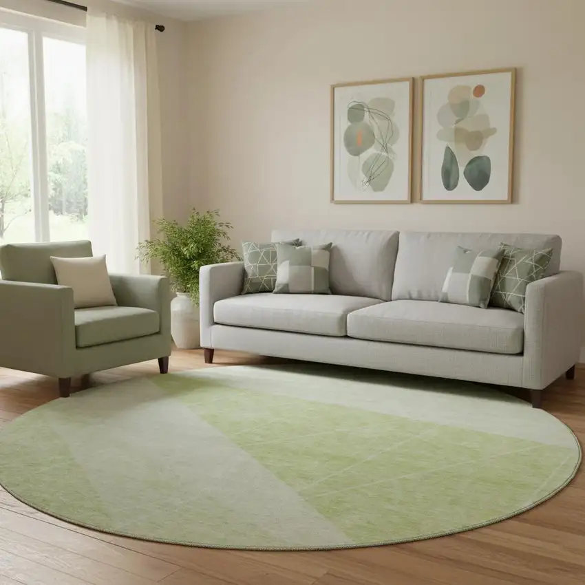 8' Artichoke Green And Ivory Geometric Washable Round Rug With UV Protection Photo 1