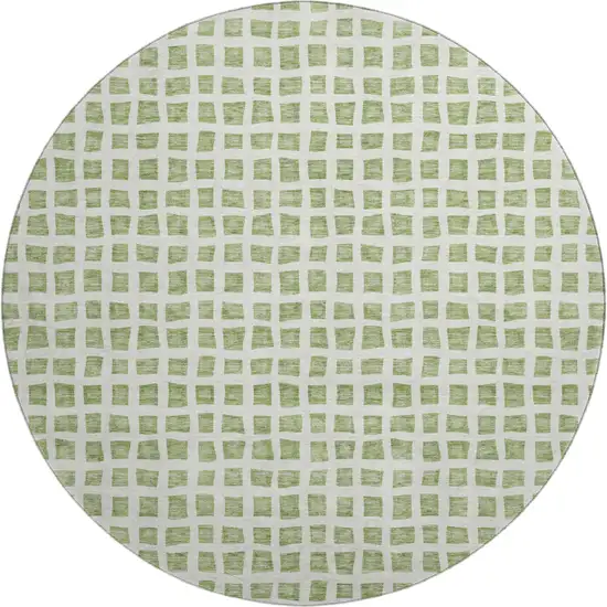 8' Artichoke Green And Ivory Geometric Washable Round Rug With UV Protection Photo 1