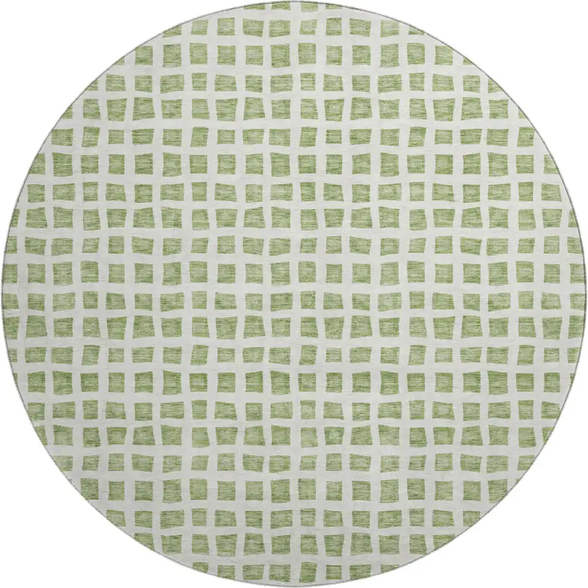 8' Artichoke Green And Ivory Geometric Washable Round Rug With UV Protection Photo 1