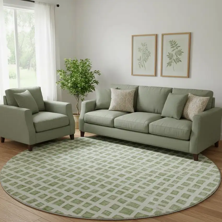 8' Artichoke Green And Ivory Geometric Washable Round Rug With UV Protection Photo 1