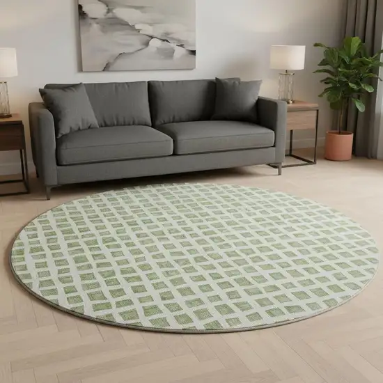 8' Artichoke Green And Ivory Geometric Washable Round Rug With UV Protection Photo 2