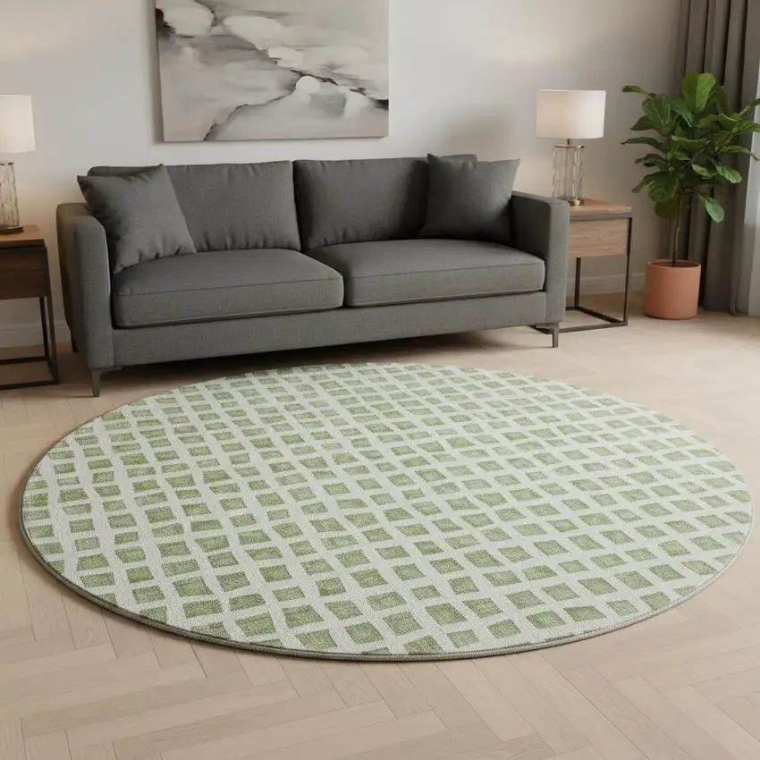 8' Artichoke Green And Ivory Geometric Washable Round Rug With UV Protection Photo 2