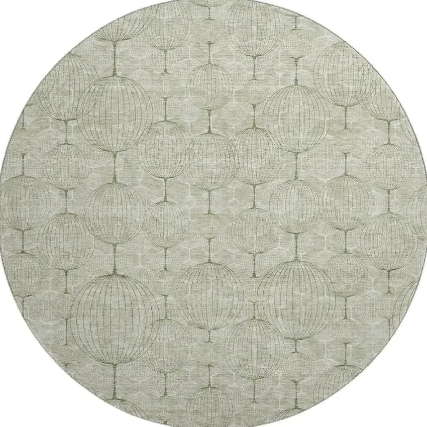 8' Artichoke Green And Ivory Geometric Washable Round Rug With UV Protection Photo 3