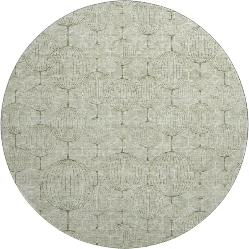 8' Artichoke Green And Ivory Geometric Washable Round Rug With UV Protection Photo 1