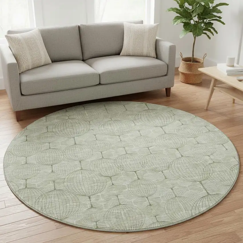 8' Artichoke Green And Ivory Geometric Washable Round Rug With UV Protection Photo 2