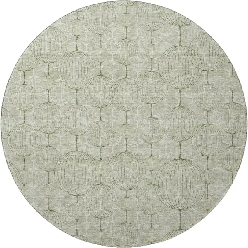 8' Artichoke Green And Ivory Geometric Washable Round Rug With UV Protection Photo 4
