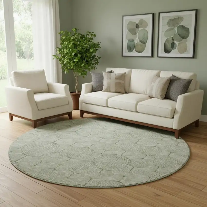 8' Artichoke Green And Ivory Geometric Washable Round Rug With UV Protection Photo 1