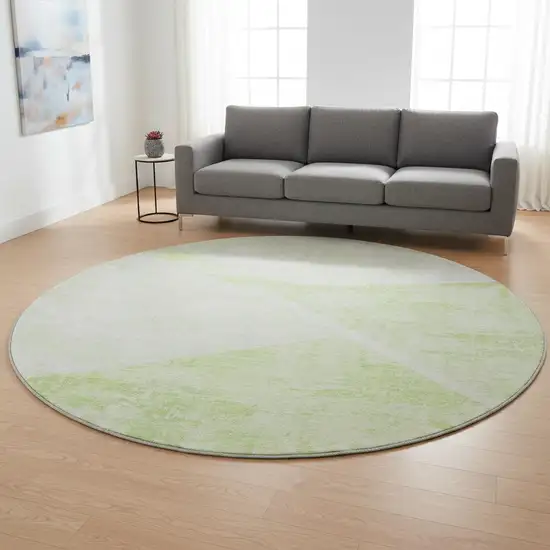8' Artichoke Green And Ivory Geometric Washable Round Rug With UV Protection Photo 2