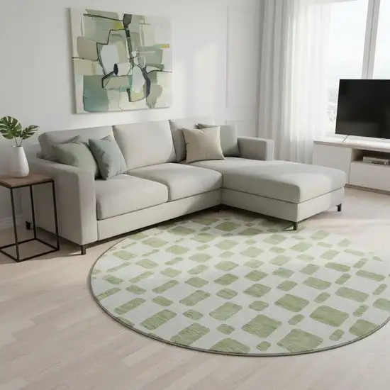 8' Artichoke Green And Ivory Geometric Washable Round Rug With UV Protection Photo 2