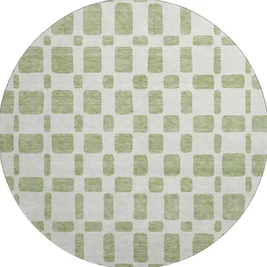 8' Artichoke Green And Ivory Geometric Washable Round Rug With UV Protection Photo 4
