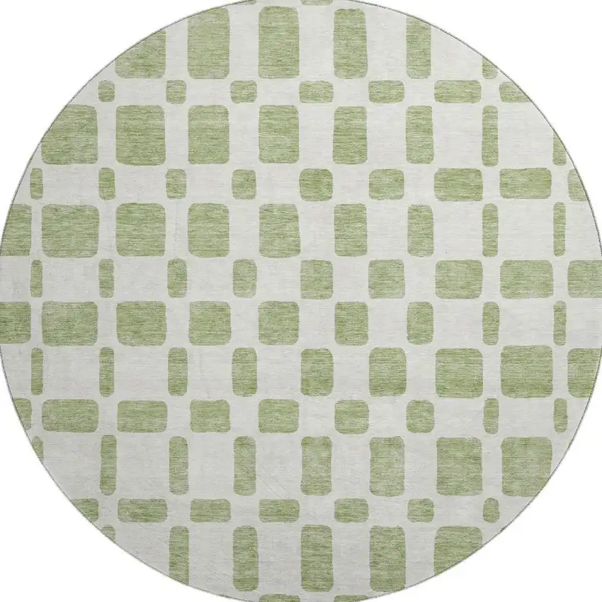 8' Artichoke Green And Ivory Geometric Washable Round Rug With UV Protection Photo 4