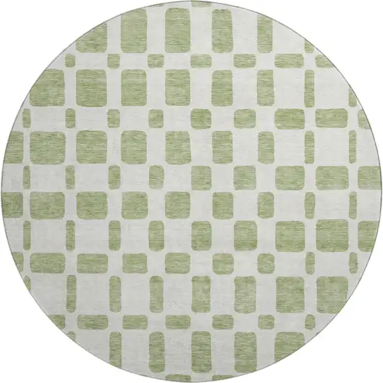 8' Artichoke Green And Ivory Geometric Washable Round Rug With UV Protection Photo 1