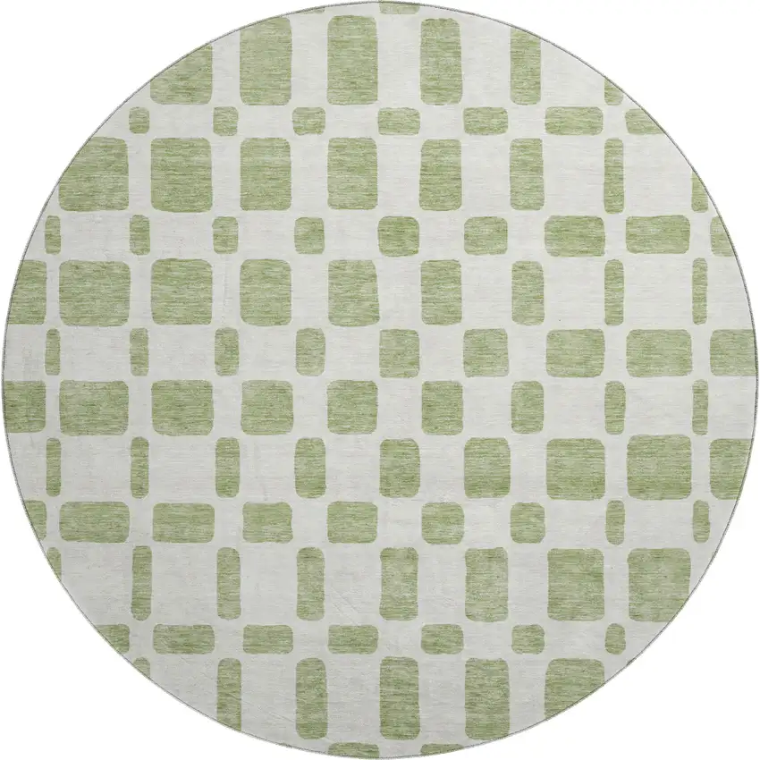 8' Artichoke Green And Ivory Geometric Washable Round Rug With UV Protection Photo 1