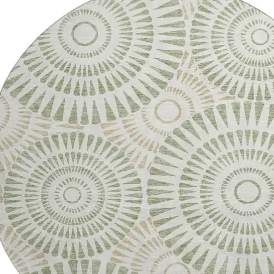 8' Artichoke Green And Ivory Geometric Washable Round Rug With UV Protection Photo 3