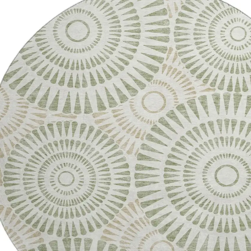 8' Artichoke Green And Ivory Geometric Washable Round Rug With UV Protection Photo 3