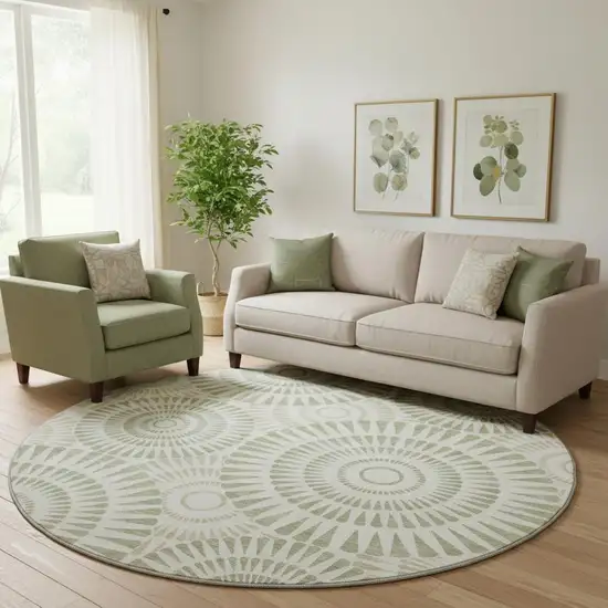 8' Artichoke Green And Ivory Geometric Washable Round Rug With UV Protection Photo 1