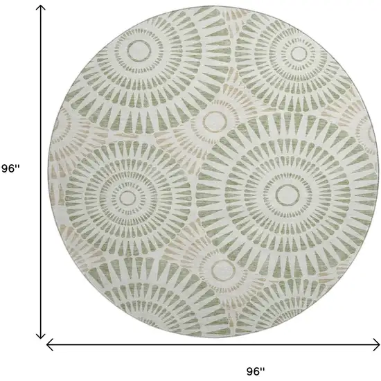 8' Artichoke Green And Ivory Geometric Washable Round Rug With UV Protection Photo 8