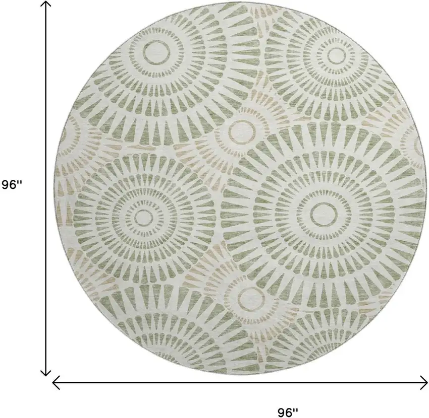 8' Artichoke Green And Ivory Geometric Washable Round Rug With UV Protection Photo 8