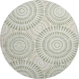 Photo of 8' Artichoke Green And Ivory Geometric Washable Round Rug With UV Protection