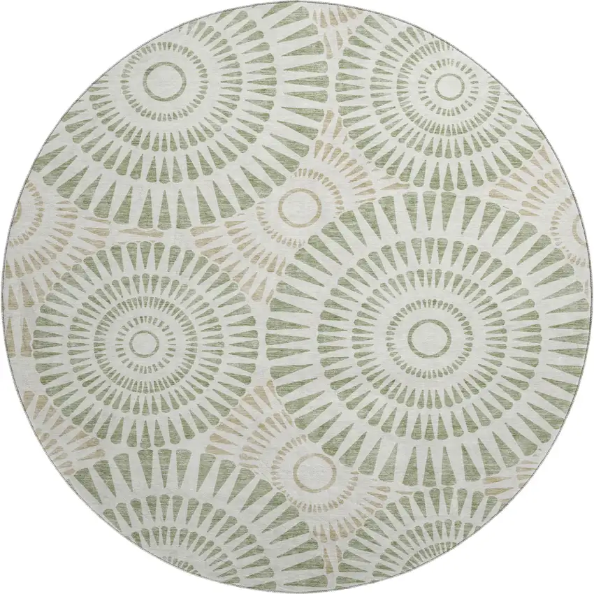 8' Artichoke Green And Ivory Geometric Washable Round Rug With UV Protection Photo 1