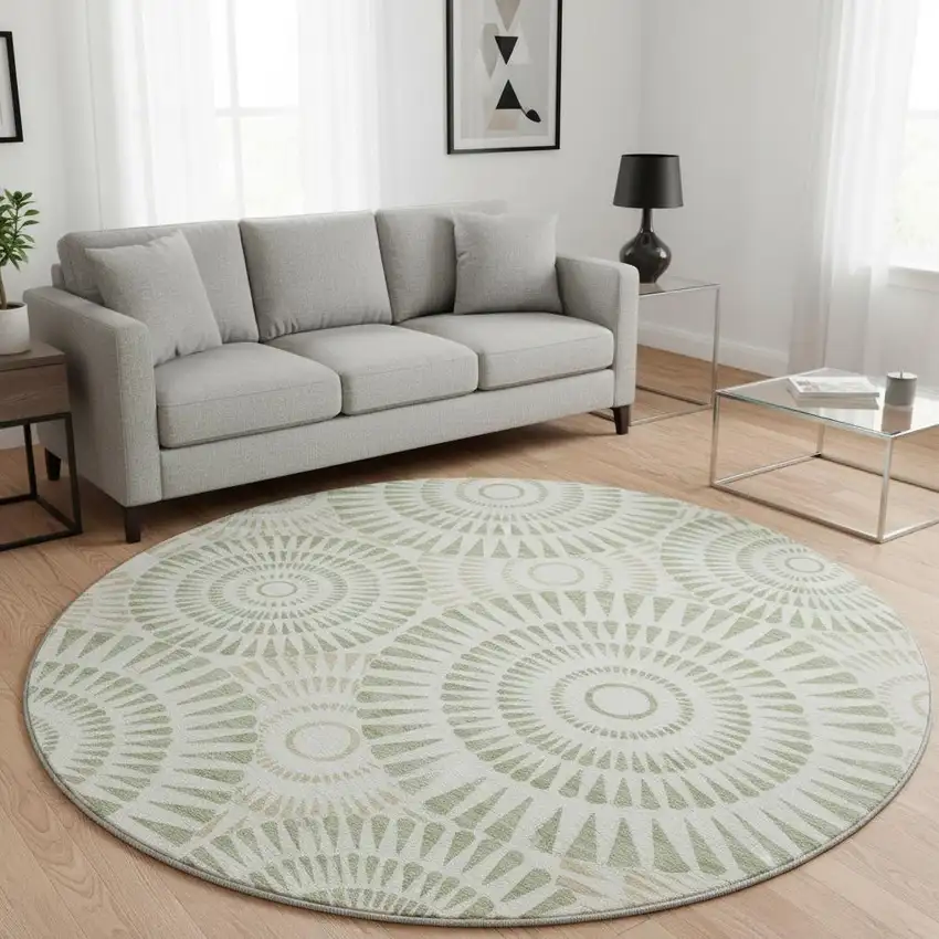 8' Artichoke Green And Ivory Geometric Washable Round Rug With UV Protection Photo 2