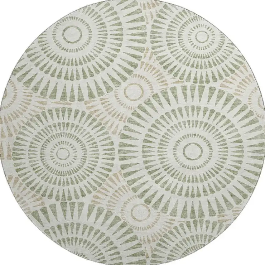8' Artichoke Green And Ivory Geometric Washable Round Rug With UV Protection Photo 4