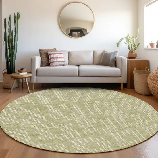 8' Artichoke Green And Ivory Geometric Washable Round Rug With UV Protection Photo 5