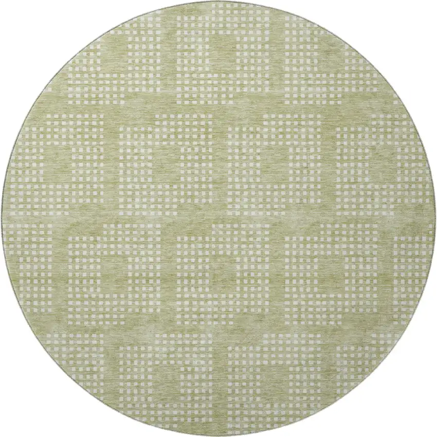 8' Artichoke Green And Ivory Geometric Washable Round Rug With UV Protection Photo 4