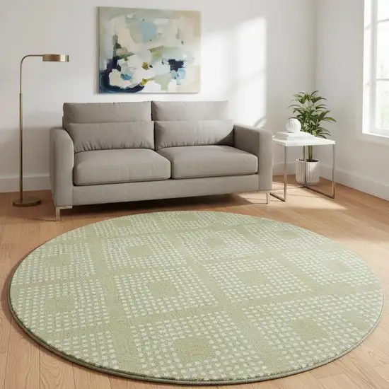 8' Artichoke Green And Ivory Geometric Washable Round Rug With UV Protection Photo 2