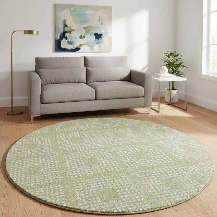 8' Artichoke Green And Ivory Geometric Washable Round Rug With UV Protection Photo 2
