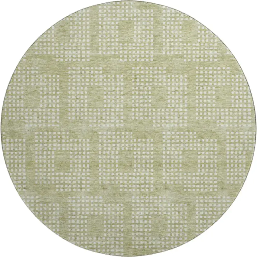 8' Artichoke Green And Ivory Geometric Washable Round Rug With UV Protection Photo 1