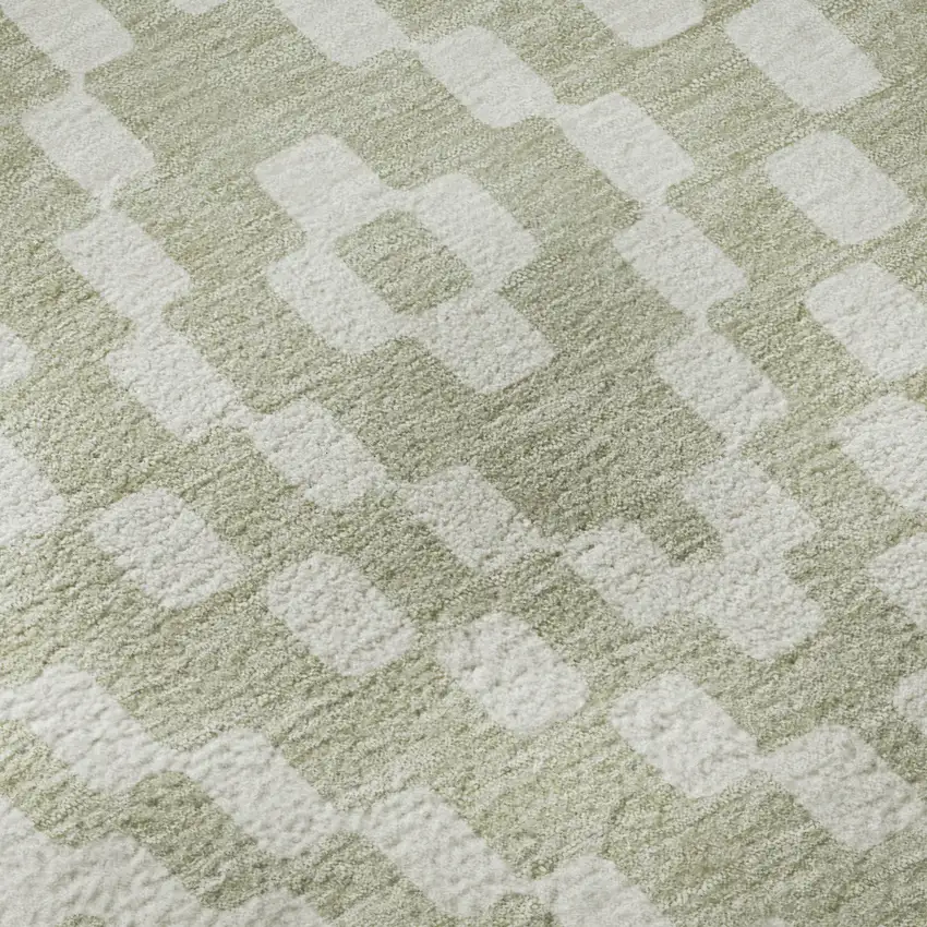 8' Artichoke Green And Ivory Geometric Washable Round Rug With UV Protection Photo 9