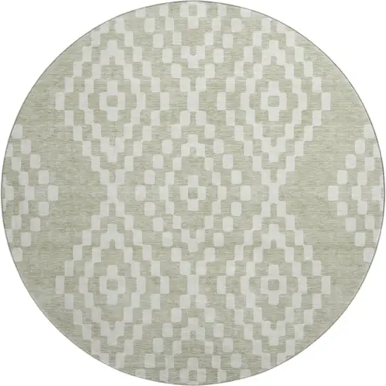 8' Artichoke Green And Ivory Geometric Washable Round Rug With UV Protection Photo 1