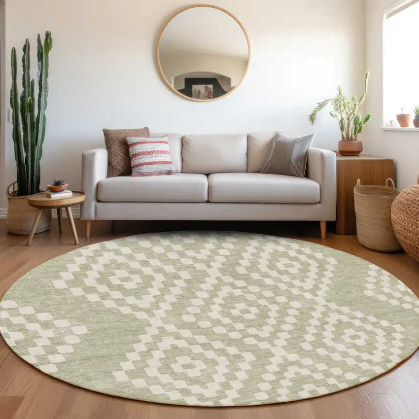 8' Artichoke Green And Ivory Geometric Washable Round Rug With UV Protection Photo 5