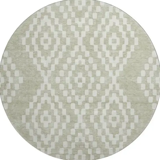 8' Artichoke Green And Ivory Geometric Washable Round Rug With UV Protection Photo 3