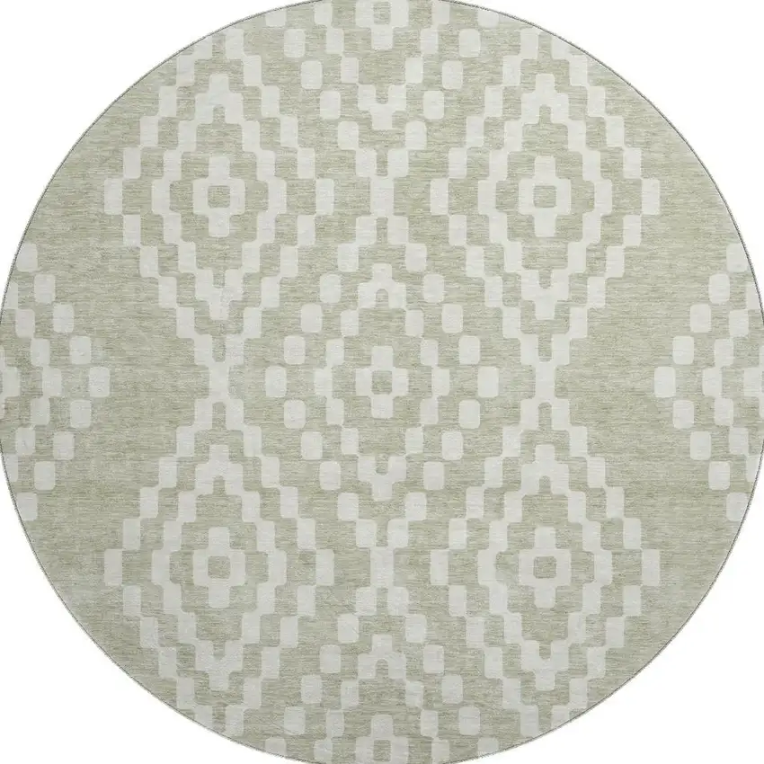 8' Artichoke Green And Ivory Geometric Washable Round Rug With UV Protection Photo 3