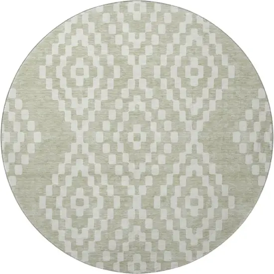 8' Artichoke Green And Ivory Geometric Washable Round Rug With UV Protection Photo 4