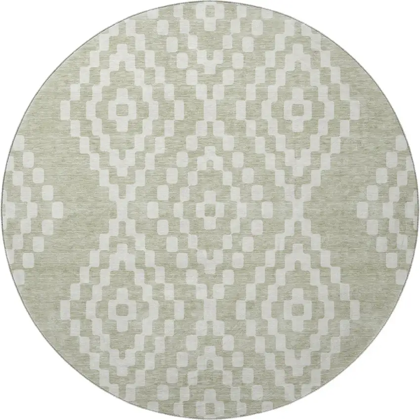 8' Artichoke Green And Ivory Geometric Washable Round Rug With UV Protection Photo 4