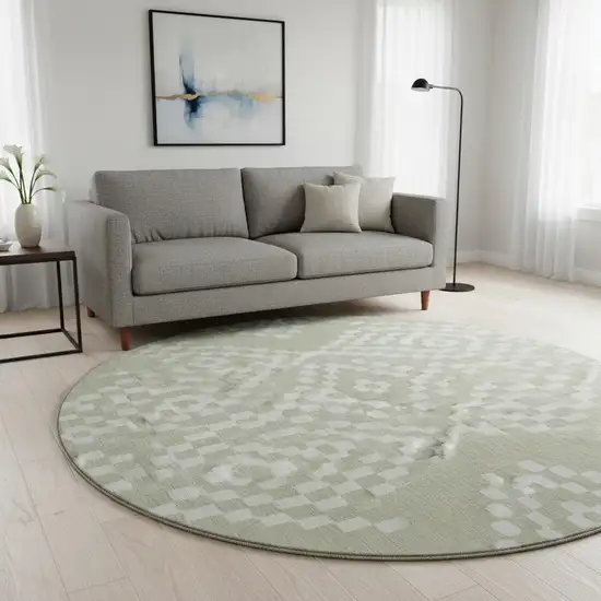 8' Artichoke Green And Ivory Geometric Washable Round Rug With UV Protection Photo 2